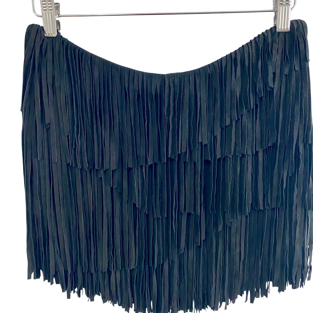NWT Haute Hippie Suede Fringe‎ Mini Skirt S $565 Black Silk Lined Western Boho - Picture 2 of 10